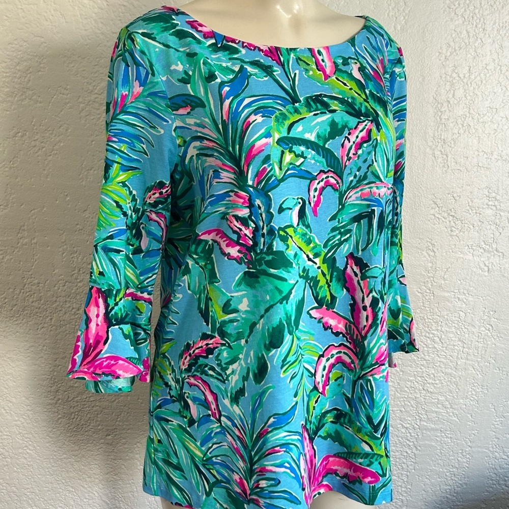 Lilly Pulitzer Porto Blue Fontaine Tropical Toucan Floral Top LARGE NWOT - Picture 4 of 15